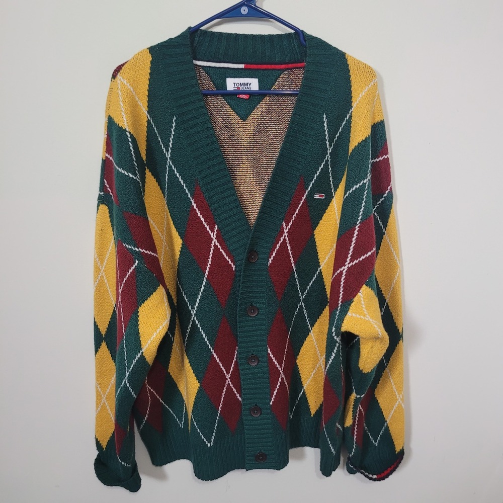 Tommy Jeans Size L Argyle Cardigan Mens Green Yellow Burgundy Knit Sweater